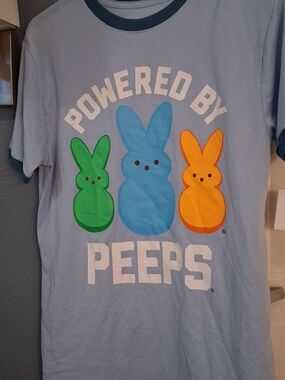 Powered By Peeps Graphic Tee - Light Blue with Green, Blue & Orange Peeps